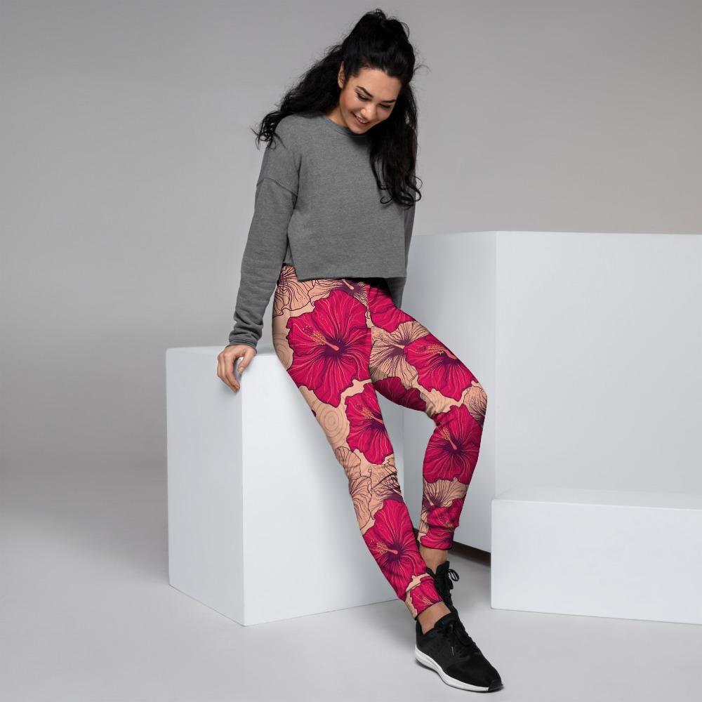 Red Hibiscus Flower Print Women's Joggers-grizzshop