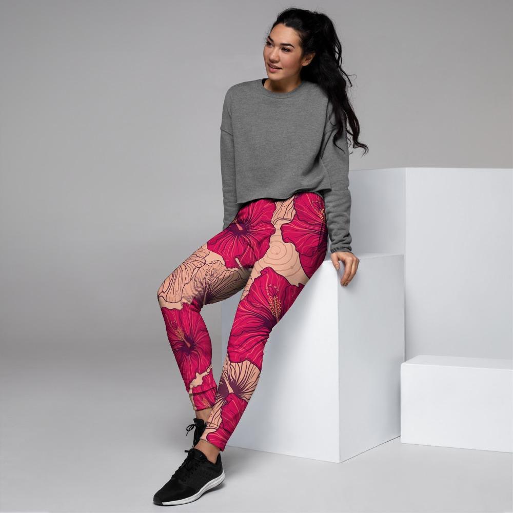 Red Hibiscus Flower Print Women's Joggers-grizzshop