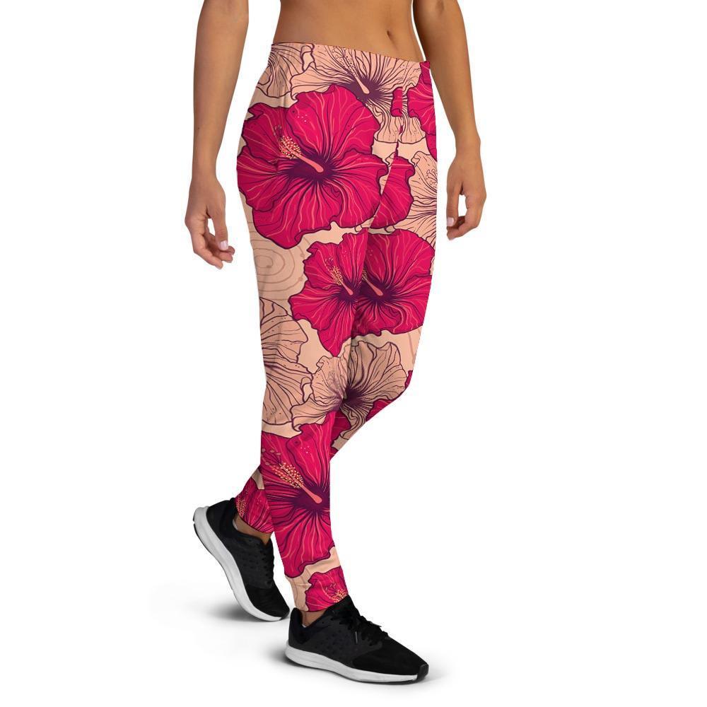 Red Hibiscus Flower Print Women's Joggers-grizzshop