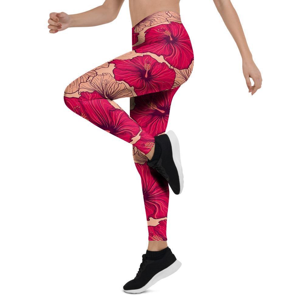 Red Hibiscus Flower Print Women's Leggings-grizzshop