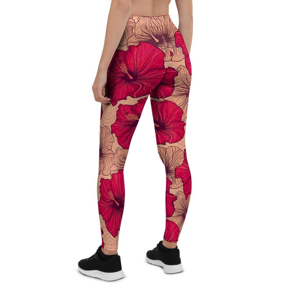 Red Hibiscus Flower Print Women's Leggings-grizzshop