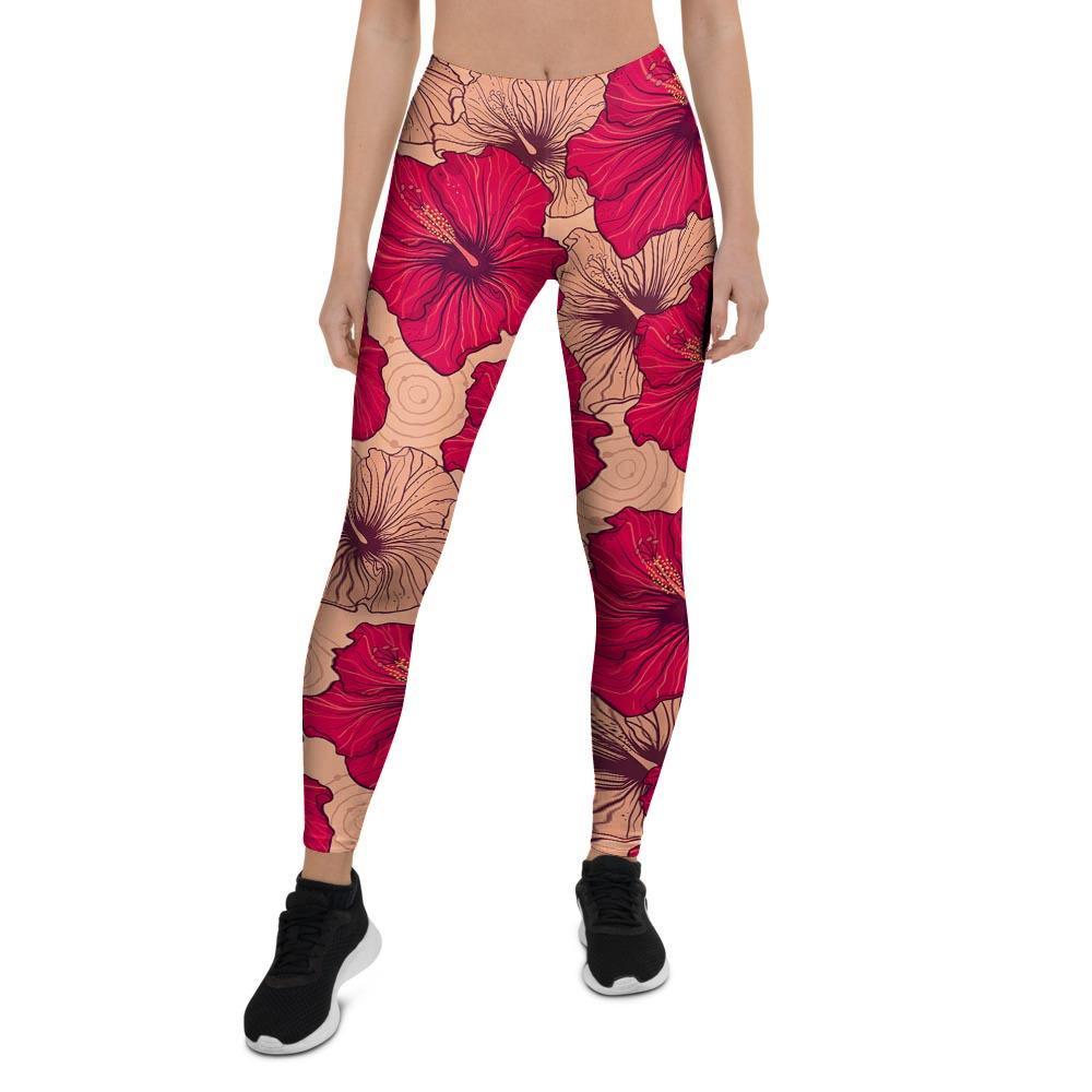 Red Hibiscus Flower Print Women's Leggings-grizzshop