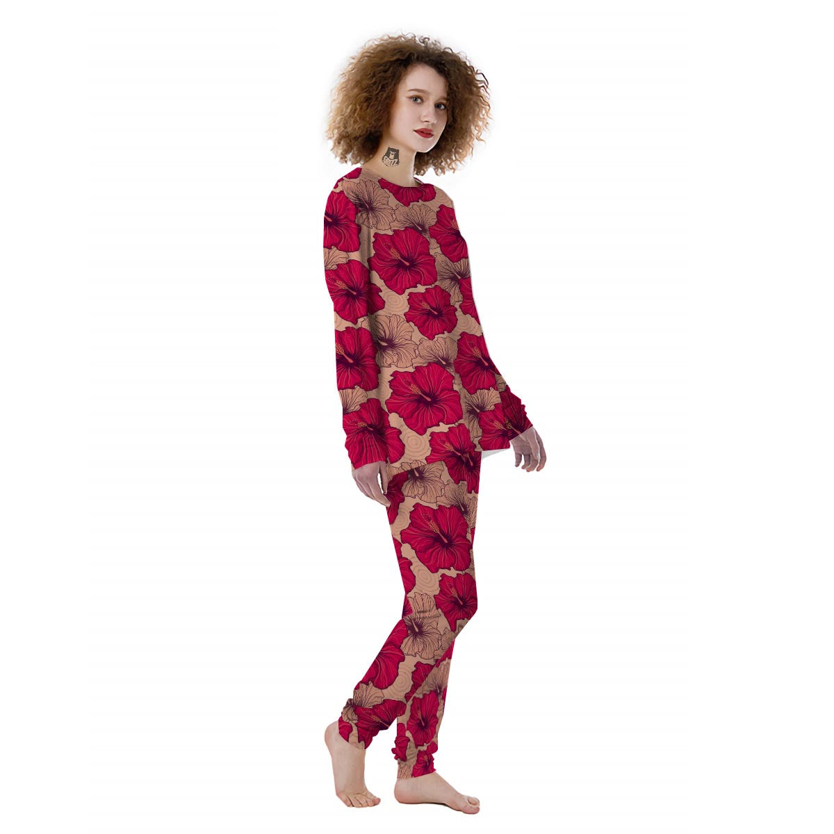 Red Hibiscus Flower Print Women's Pajamas-grizzshop