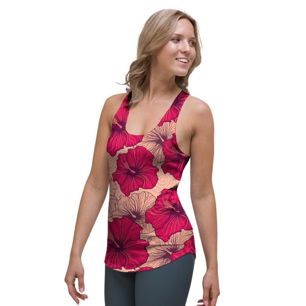 Red Hibiscus Flower Print Women's Racerback Tank Top-grizzshop