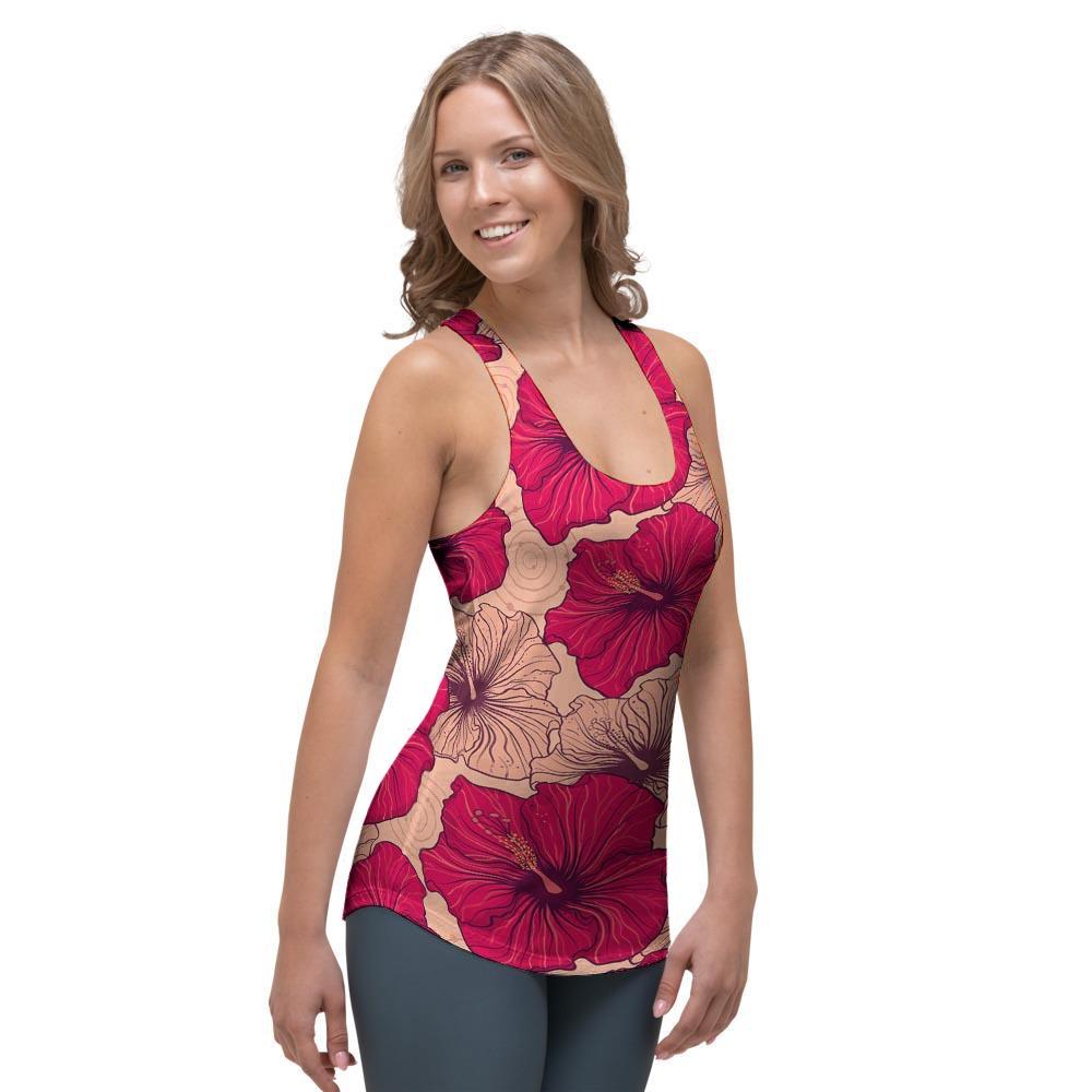 Red Hibiscus Flower Print Women's Racerback Tank Top-grizzshop