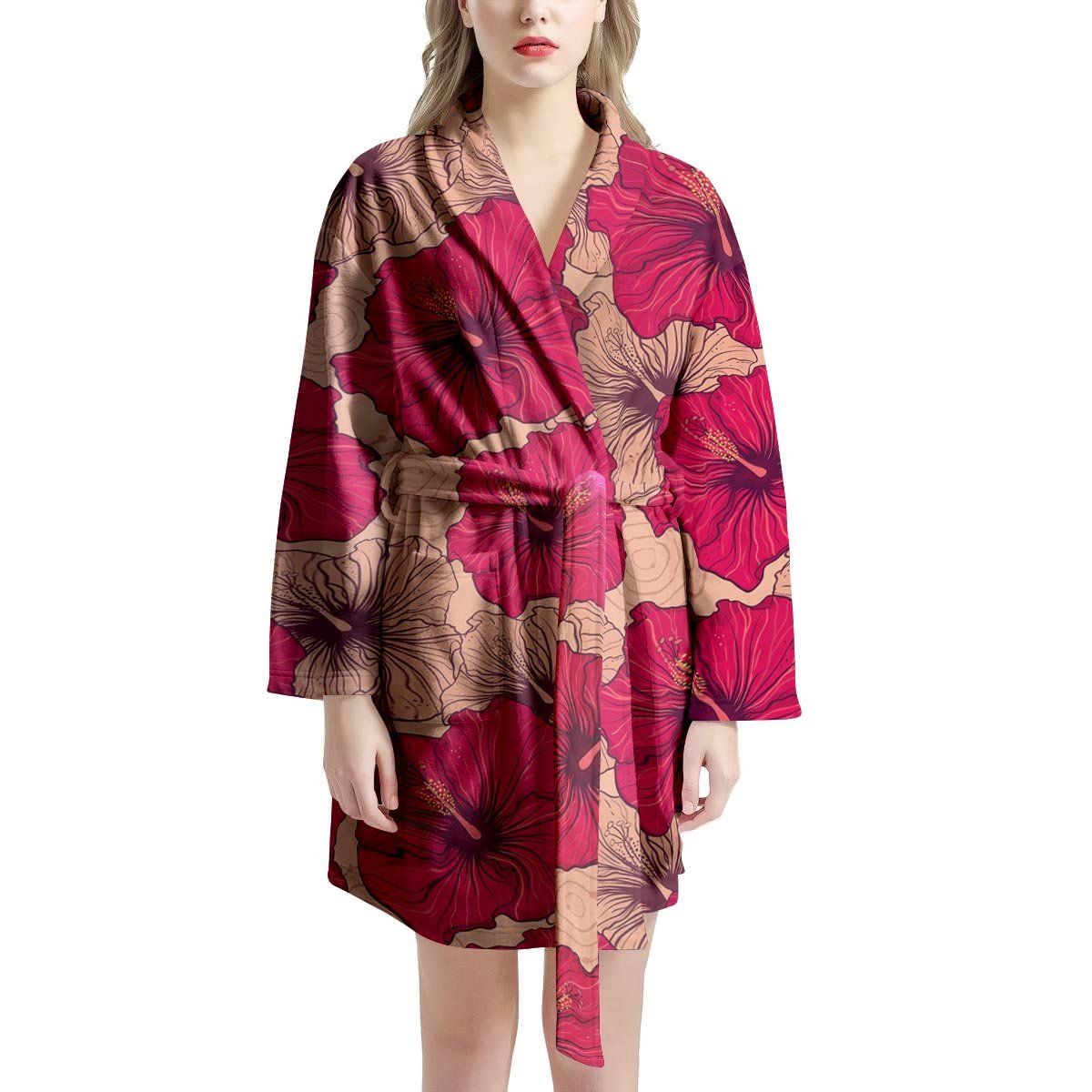 Red Hibiscus Flower Print Women's Robe-grizzshop