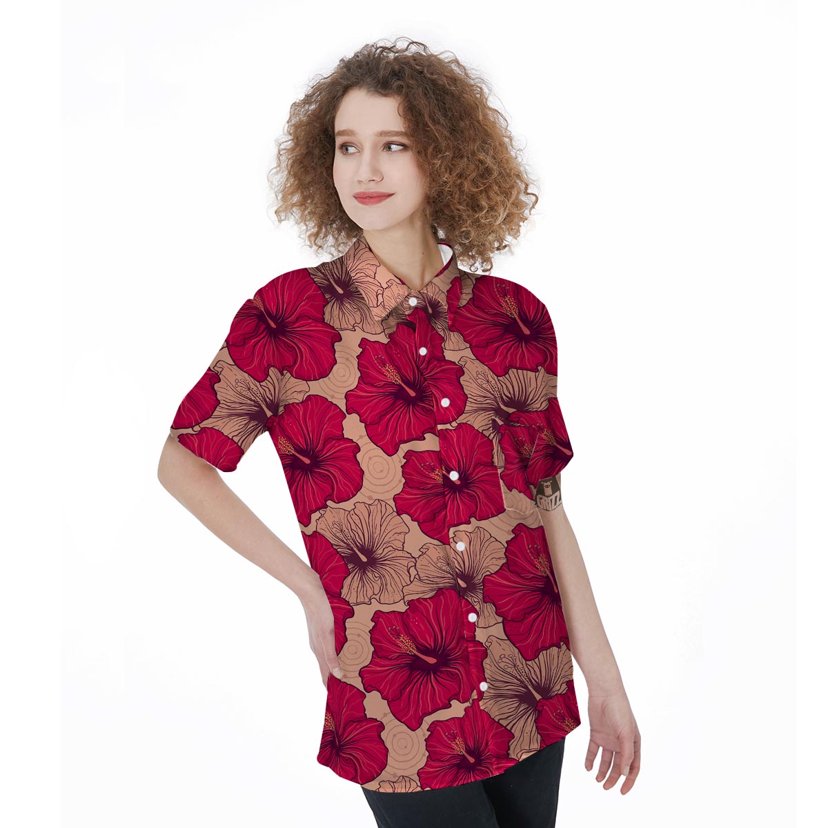Red Hibiscus Flower Print Women's Short Sleeve Shirts-grizzshop