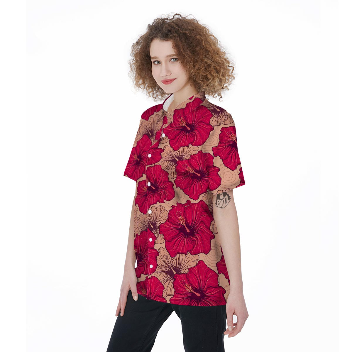 Red Hibiscus Flower Print Women's Short Sleeve Shirts-grizzshop
