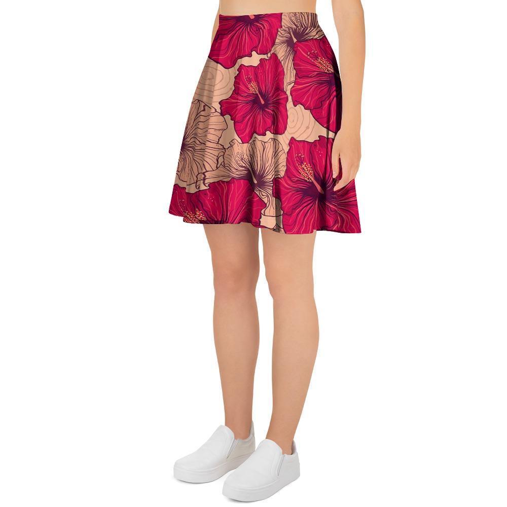 Red Hibiscus Flower Print Women's Skirt-grizzshop