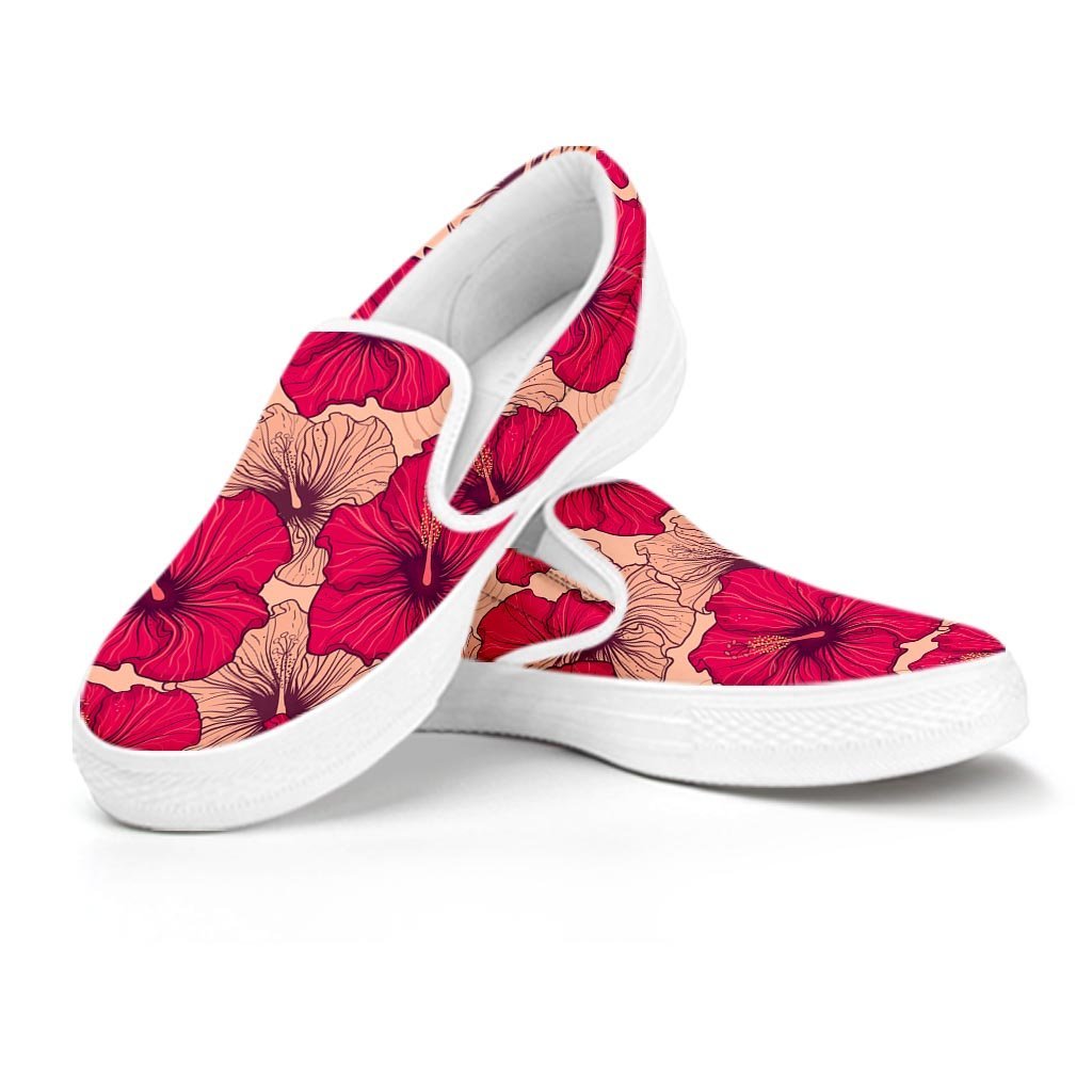 Red Hibiscus Flower Print Women's Slip On Sneakers-grizzshop