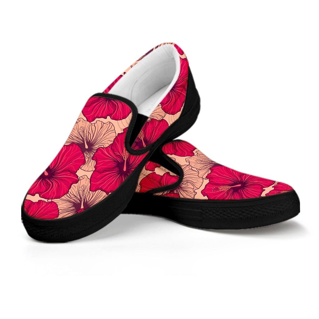 Red Hibiscus Flower Print Women's Slip On Sneakers-grizzshop
