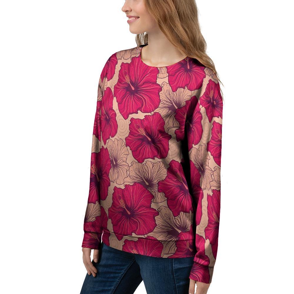 Red Hibiscus Flower Print Women's Sweatshirt-grizzshop