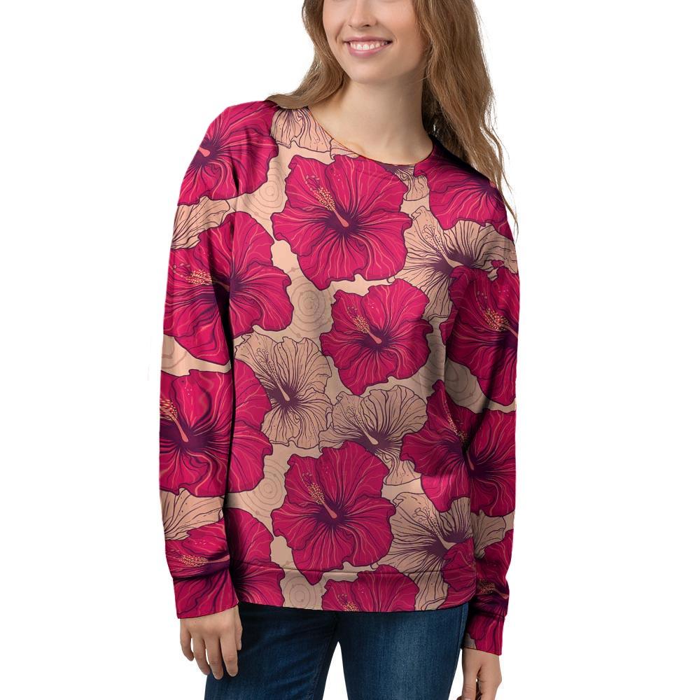 Red Hibiscus Flower Print Women's Sweatshirt-grizzshop