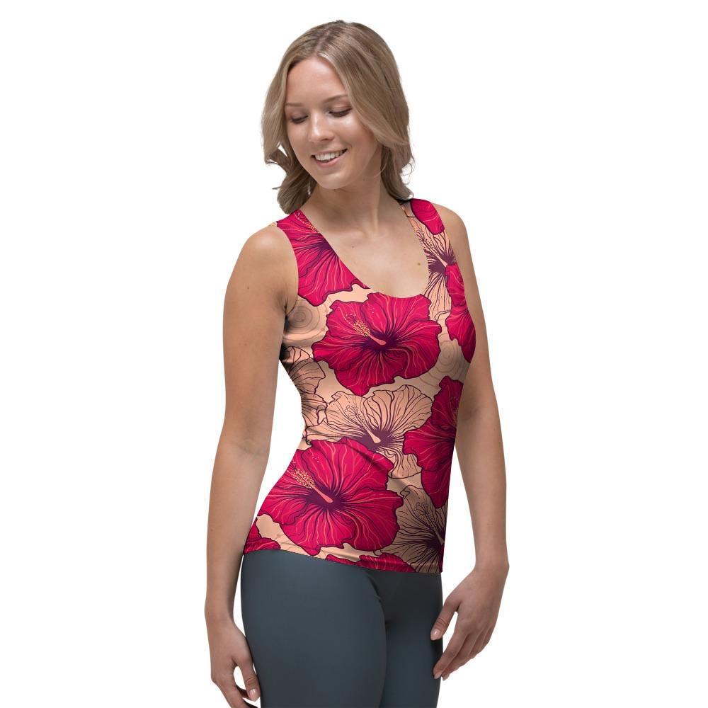 Red Hibiscus Flower Print Women's Tank Top-grizzshop