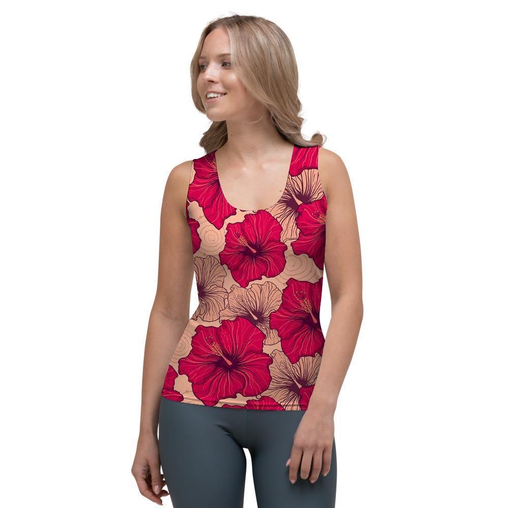Red Hibiscus Flower Print Women's Tank Top-grizzshop