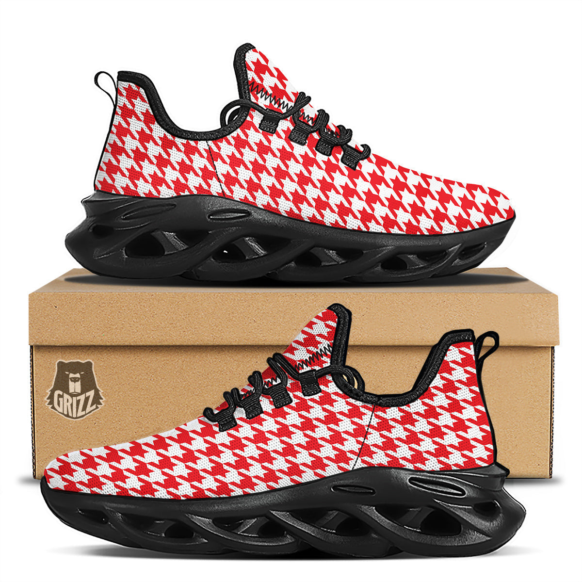Red Houndstooth Print Black Running Shoes-grizzshop