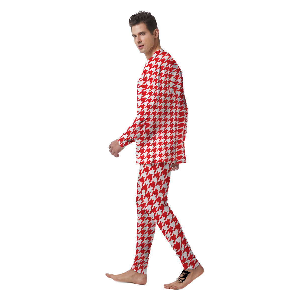 Red Houndstooth Print Men's Pajamas-grizzshop