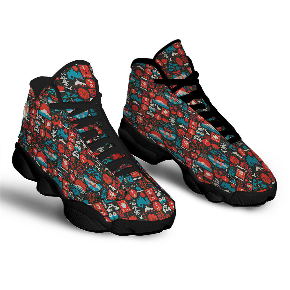 Red Japanese Characters Print Pattern Black Basketball Shoes-grizzshop