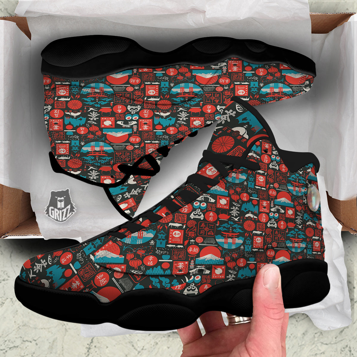 Red Japanese Characters Print Pattern Black Basketball Shoes-grizzshop