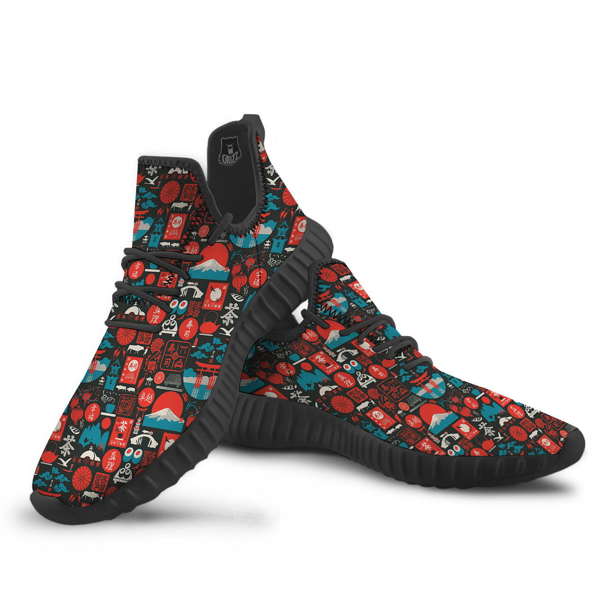 Red Japanese Characters Print Pattern Black Walking Shoes-grizzshop