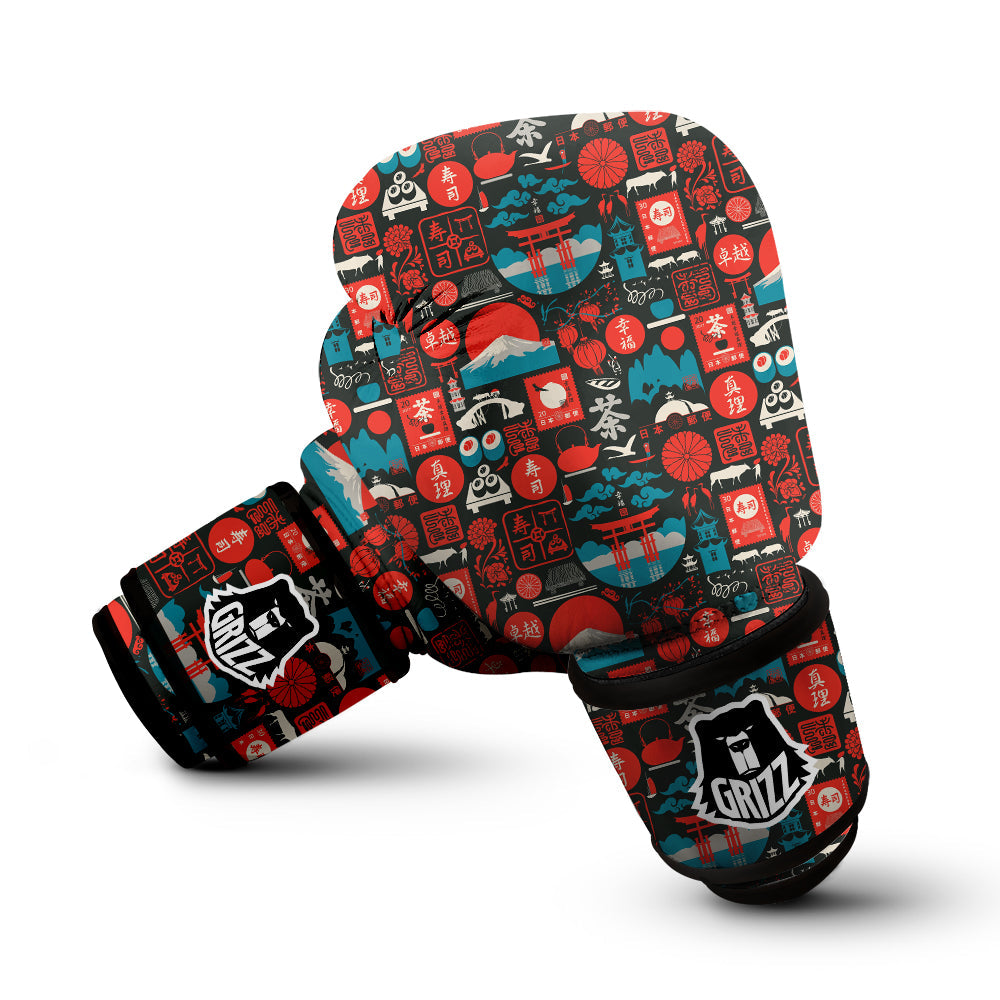 Red Japanese Characters Print Pattern Boxing Gloves-grizzshop