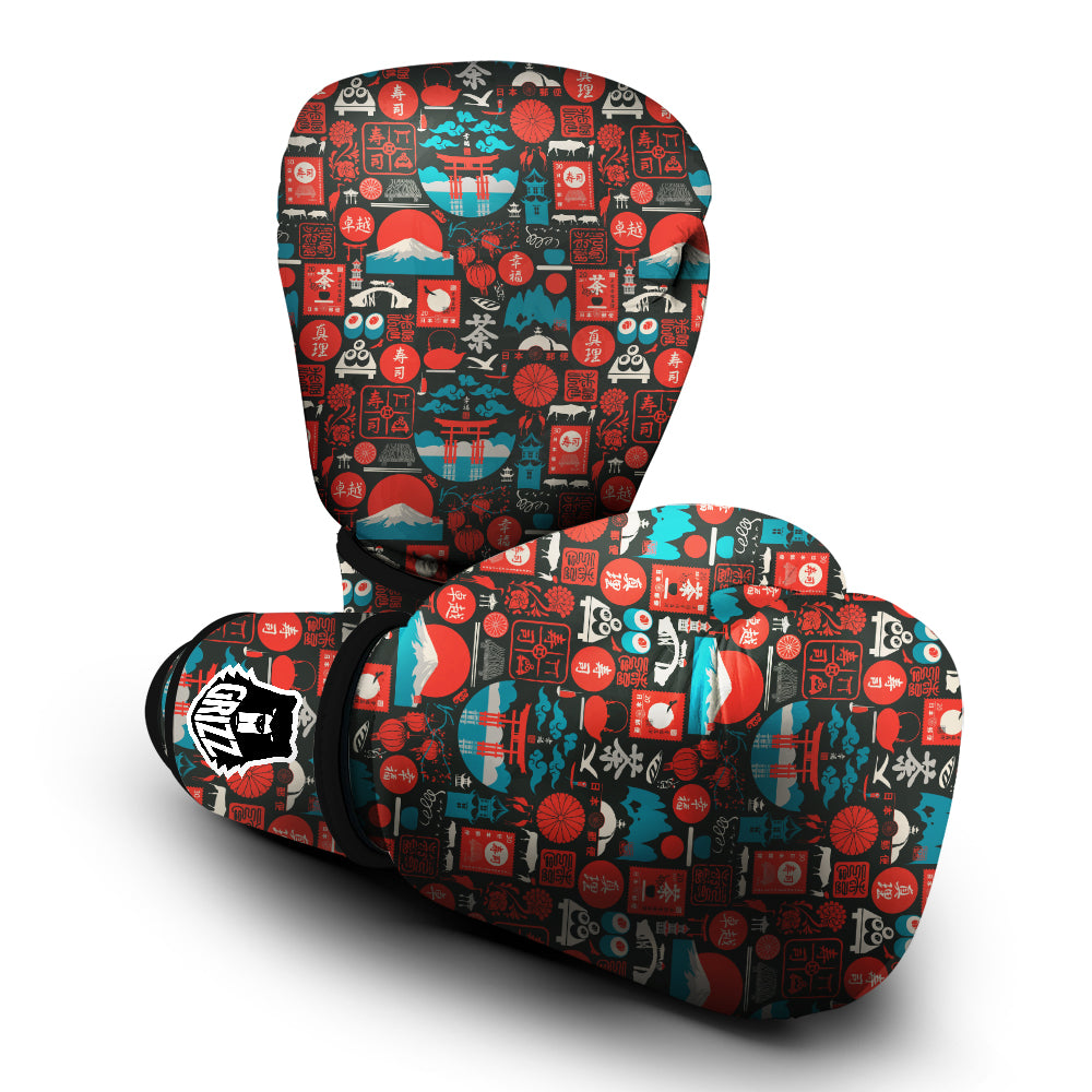 Red Japanese Characters Print Pattern Boxing Gloves-grizzshop