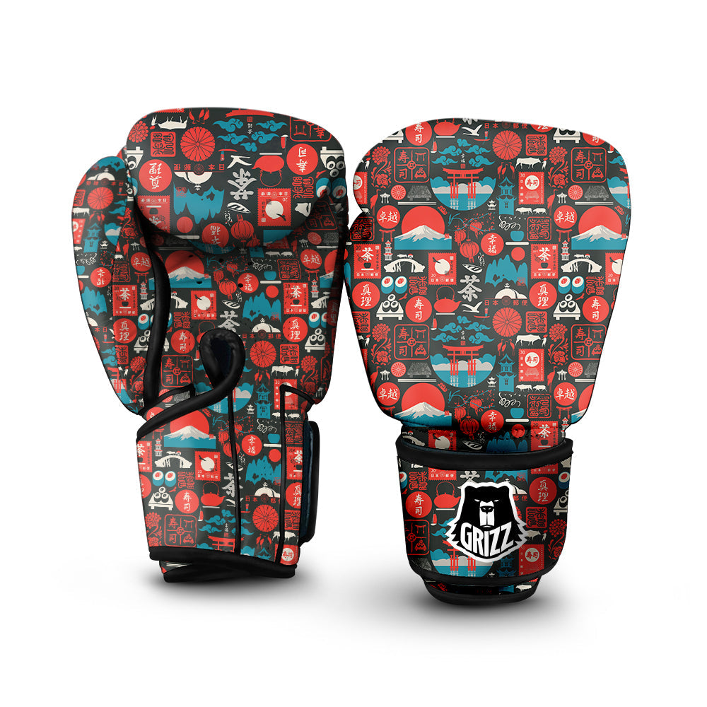 Red Japanese Characters Print Pattern Boxing Gloves-grizzshop