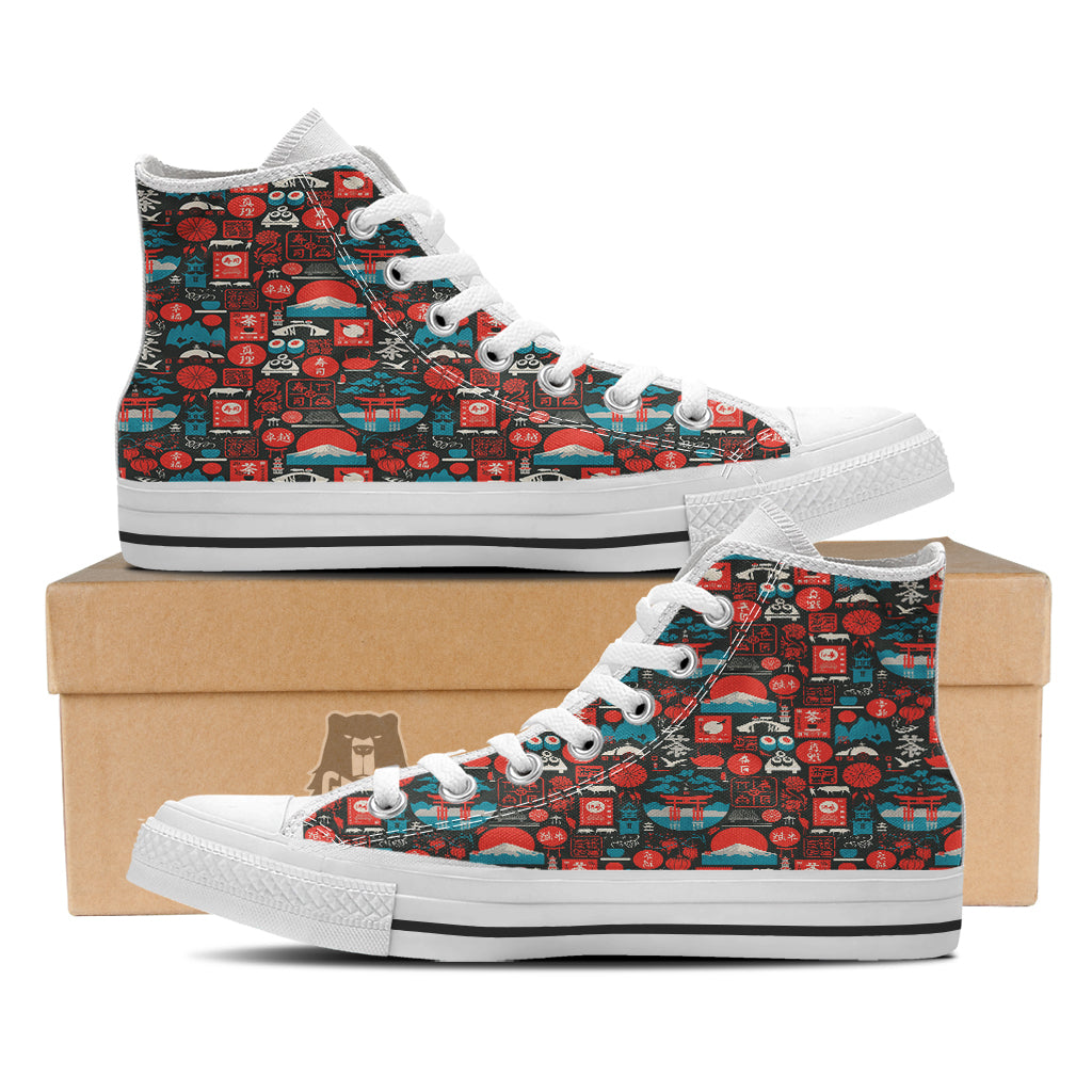Red Japanese Characters Print Pattern White High Top Shoes-grizzshop