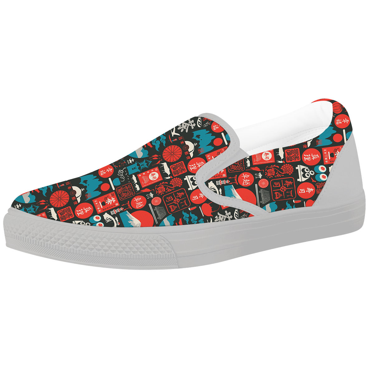 Red Japanese Characters Print Pattern White Slip On Shoes-grizzshop
