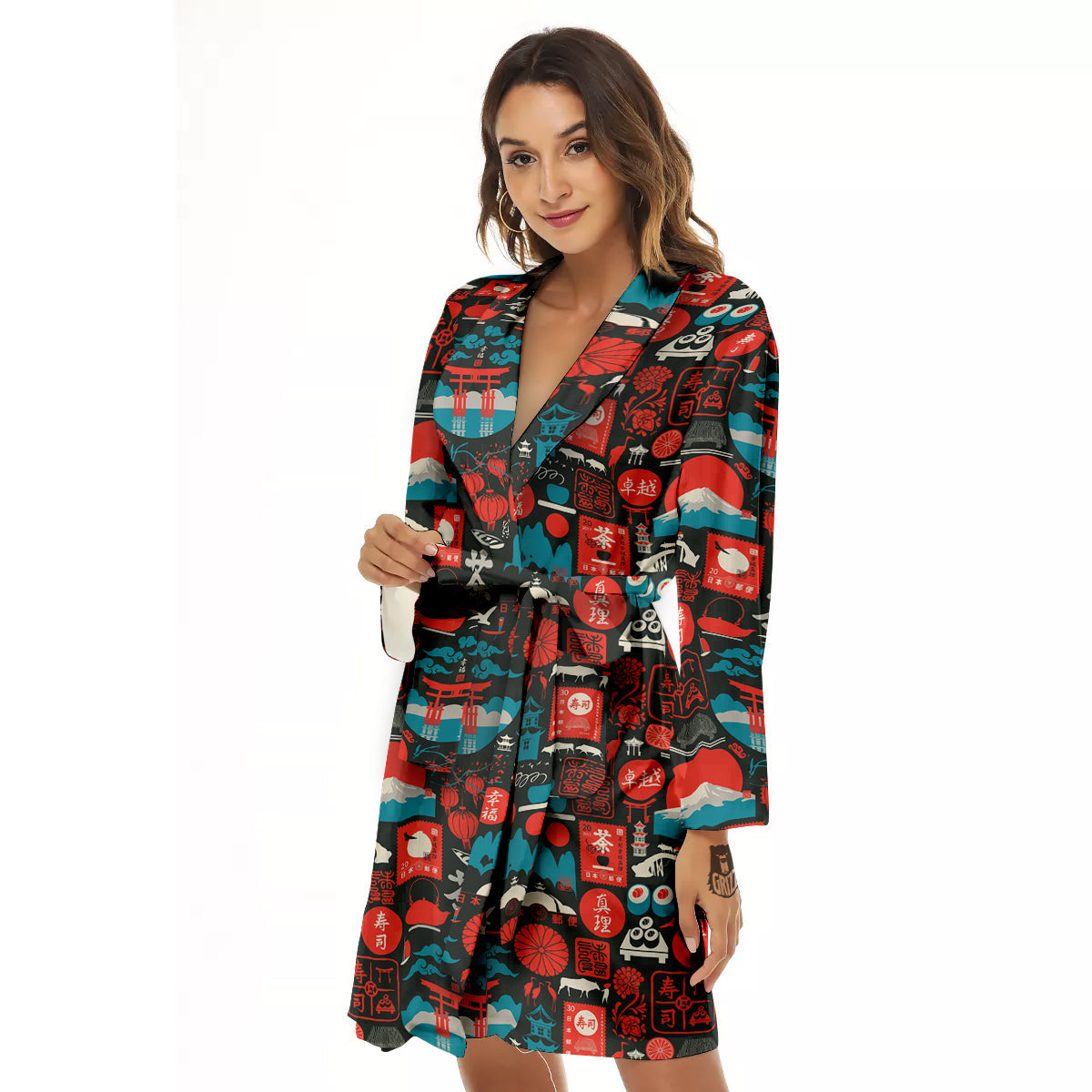 Red Japanese Characters Print Pattern Women's Robe-grizzshop