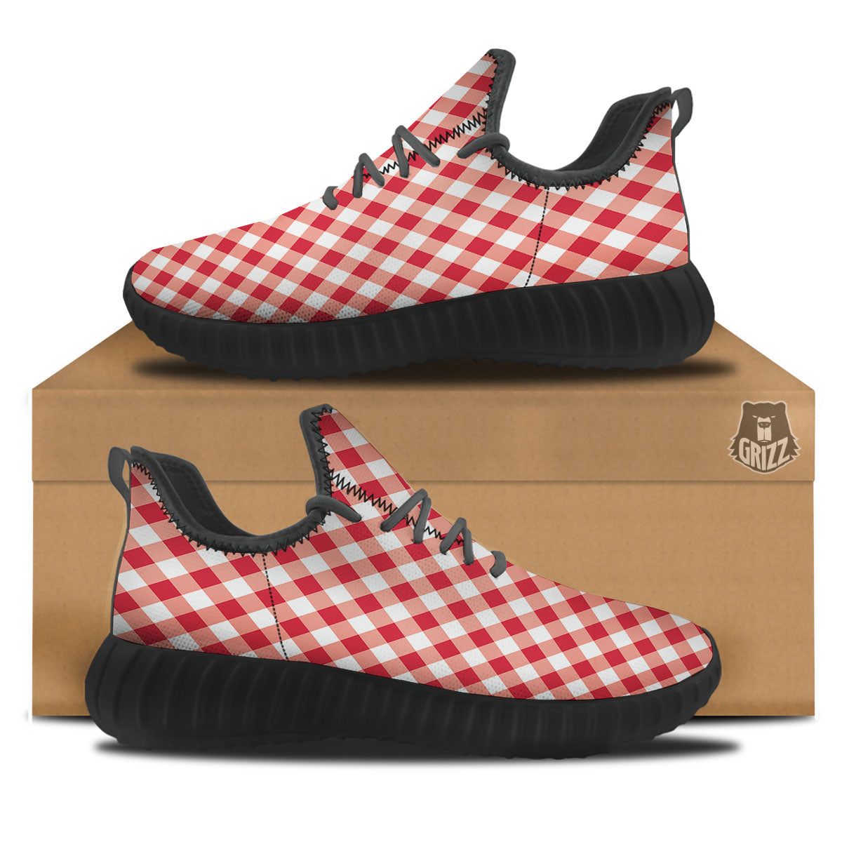 Red Lava And White Gingham Print Black Walking Shoes-grizzshop