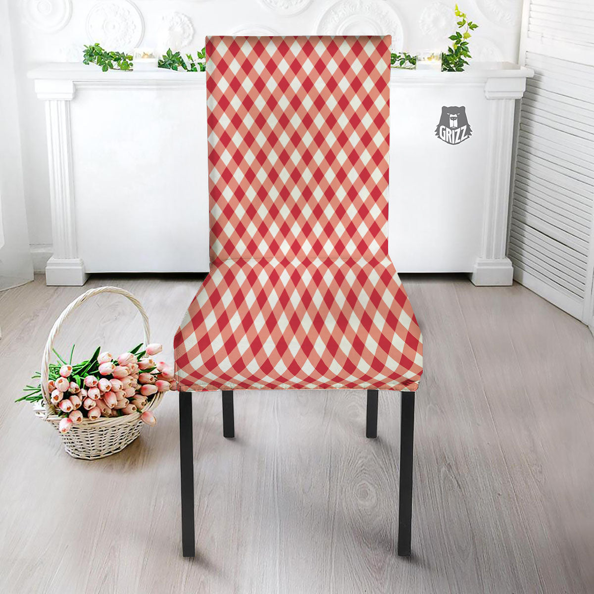 Red Lava And White Gingham Print Dining Chair Slipcover-grizzshop