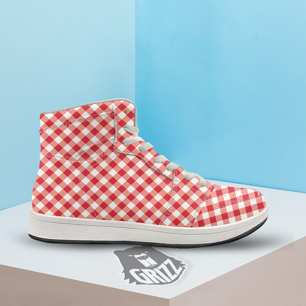 Red Lava And White Gingham Print High Top Sneakers-grizzshop