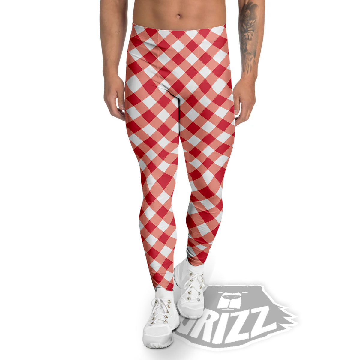 Red Lava And White Gingham Print Men's Leggings-grizzshop