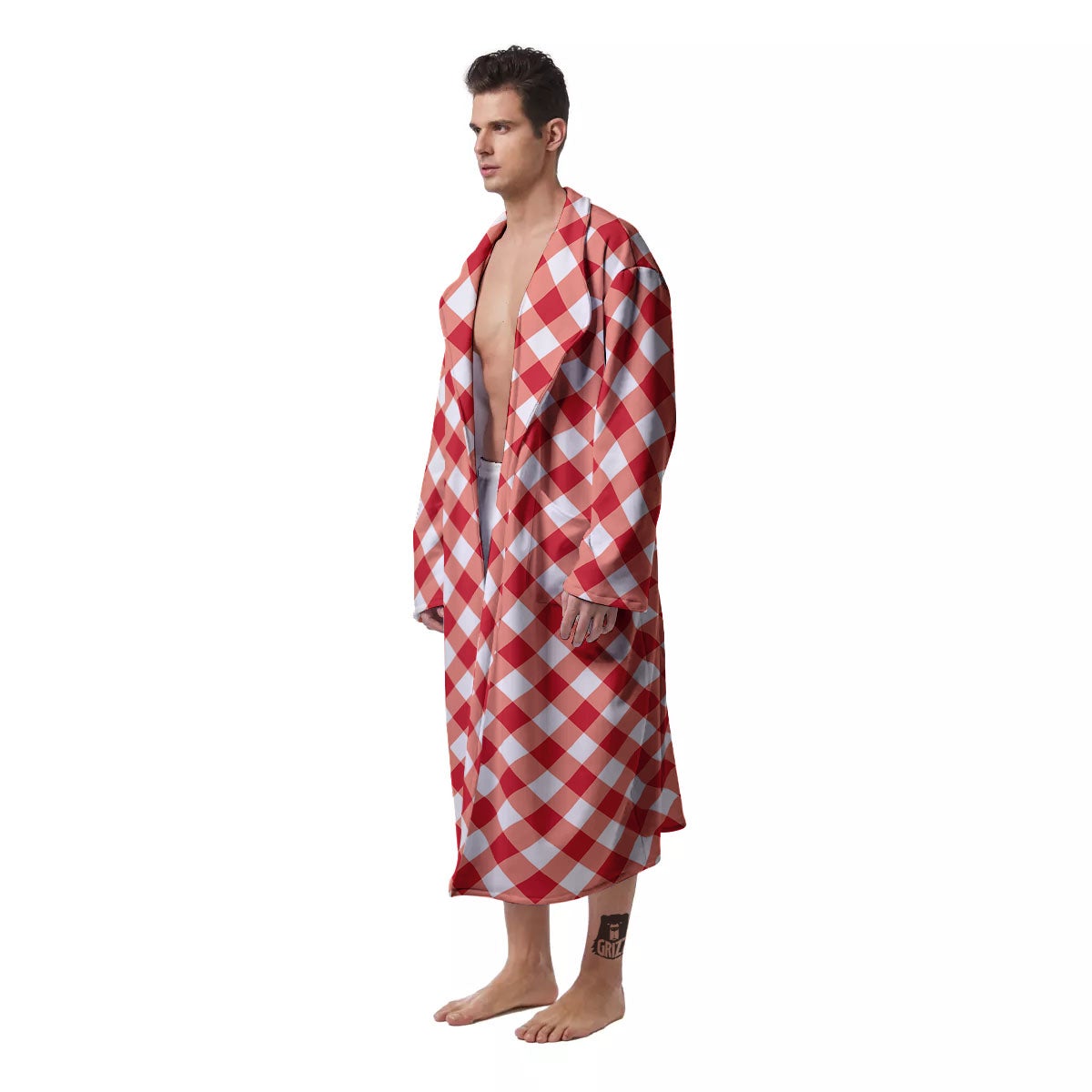 Red Lava And White Gingham Print Men's Robe-grizzshop