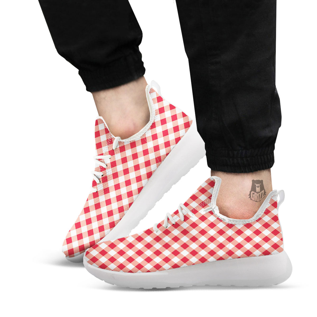 Red Lava And White Gingham Print White Athletic Shoes-grizzshop