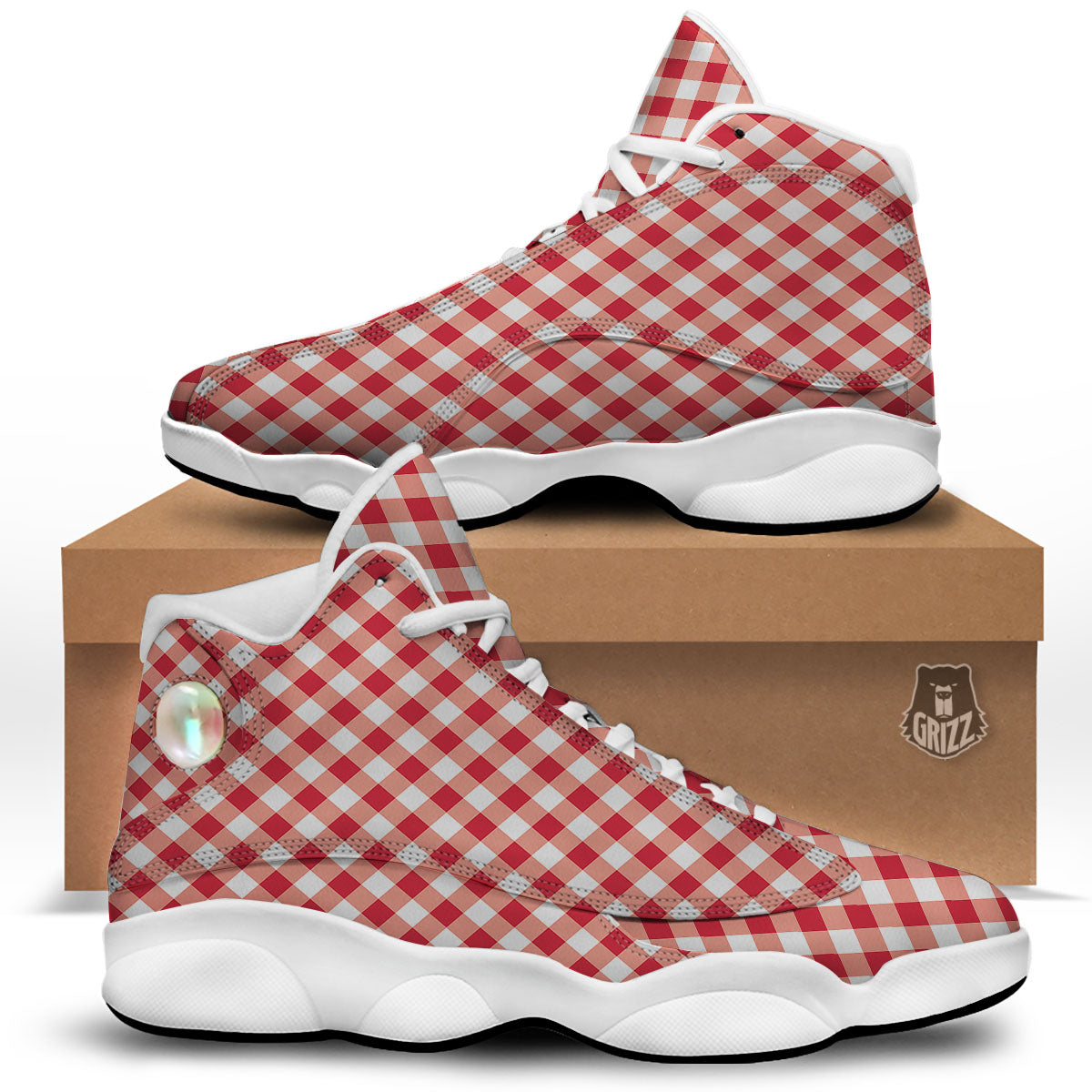 Red Lava And White Gingham Print White Basketball Shoes-grizzshop