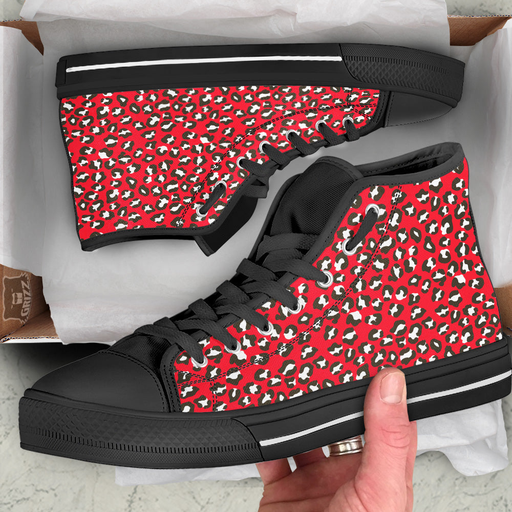 Red Leopard Print Pattern Black High Top Shoes-grizzshop
