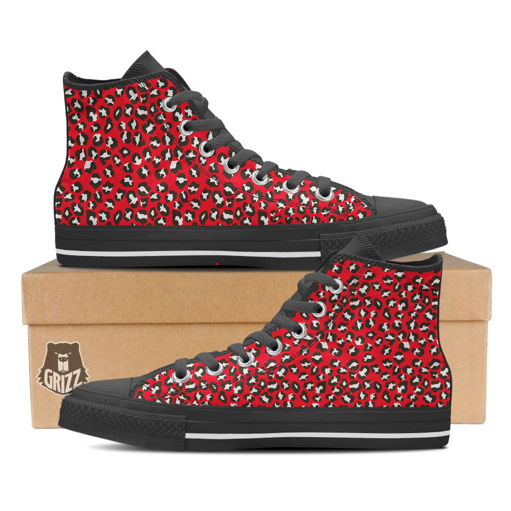 Red Leopard Print Pattern Black High Top Shoes-grizzshop