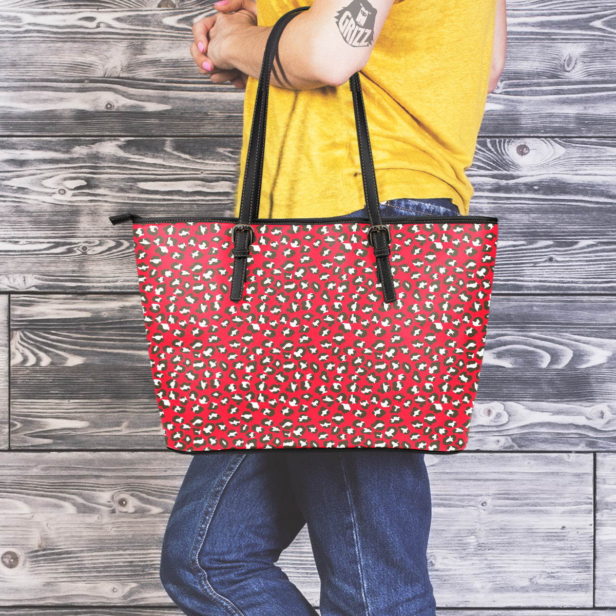 Red Leopard Print Pattern Leather Tote Bag-grizzshop