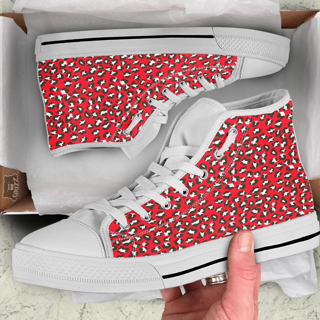 Red Leopard Print Pattern White High Top Shoes-grizzshop