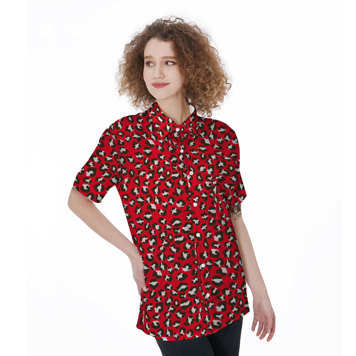 Red Leopard Print Pattern Women's Short Sleeve Shirts-grizzshop