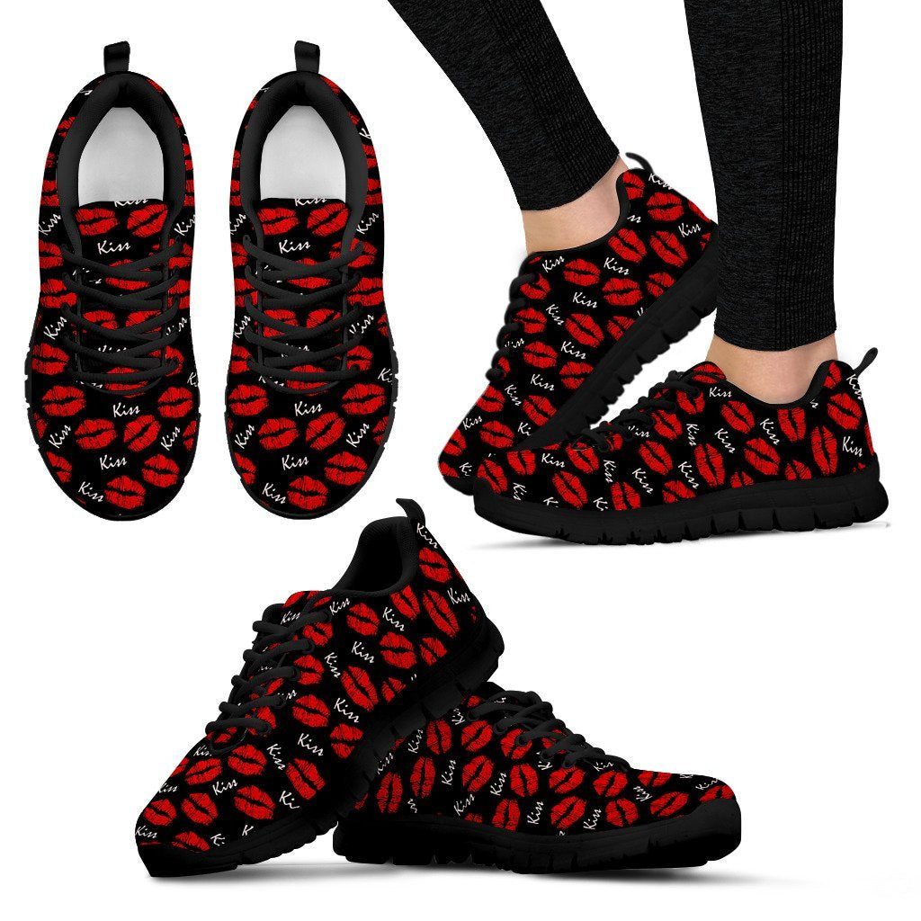 Red Lips Kiss Pattern Print Black Sneaker Shoes For Men Women-grizzshop