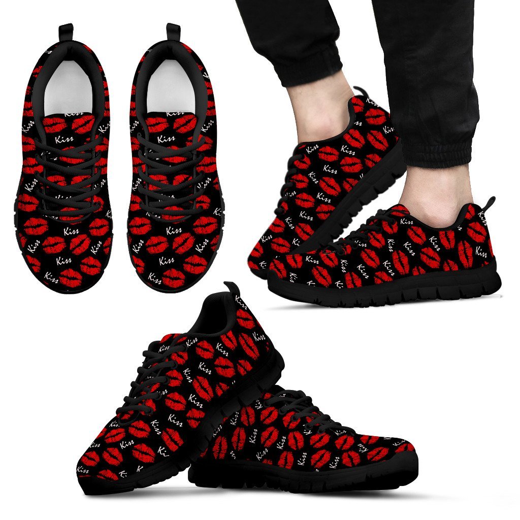 Red Lips Kiss Pattern Print Black Sneaker Shoes For Men Women-grizzshop