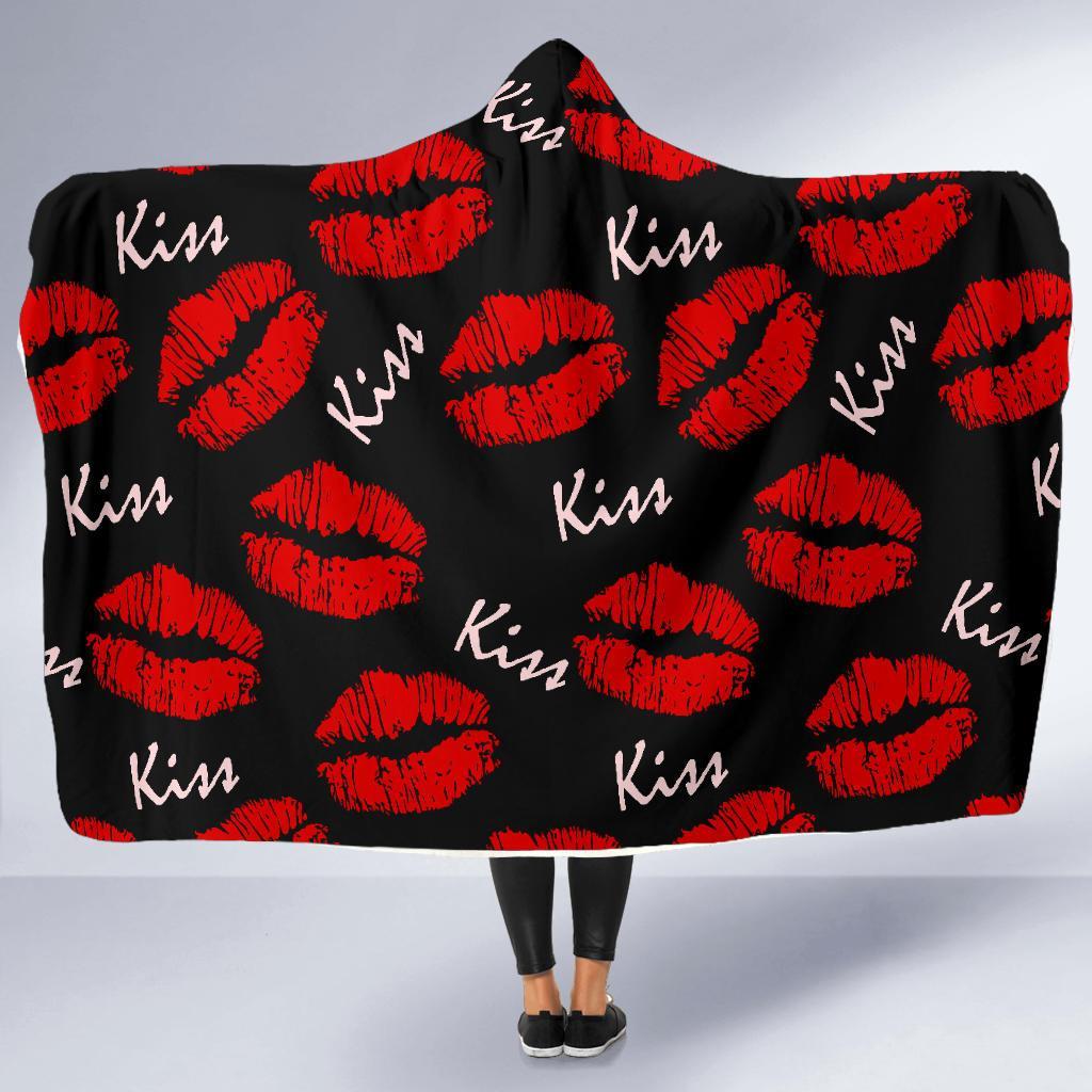 Red Lips Kiss Pattern Print Hooded Blanket-grizzshop