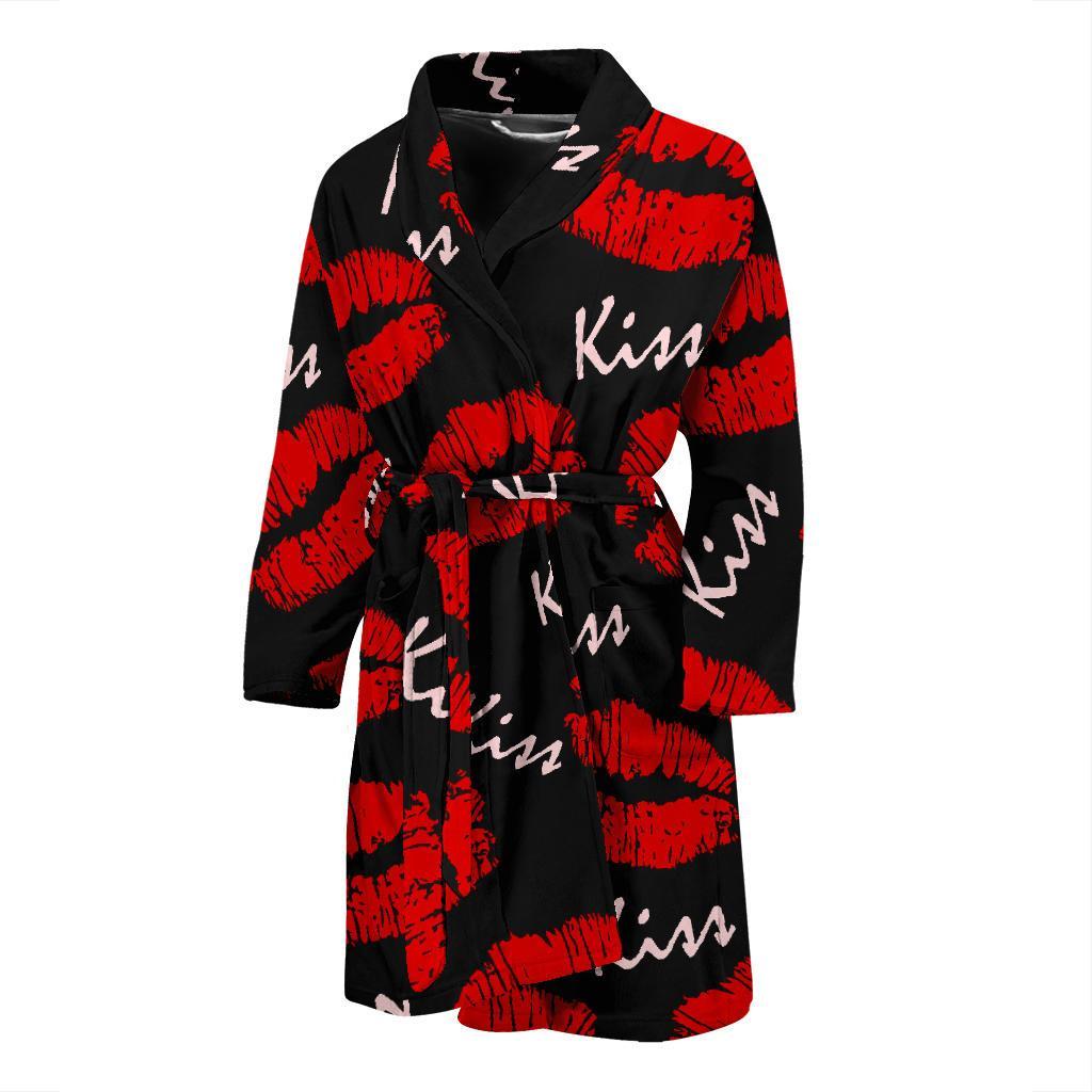 Red Lips Kiss Pattern Print Men Long Robe-grizzshop