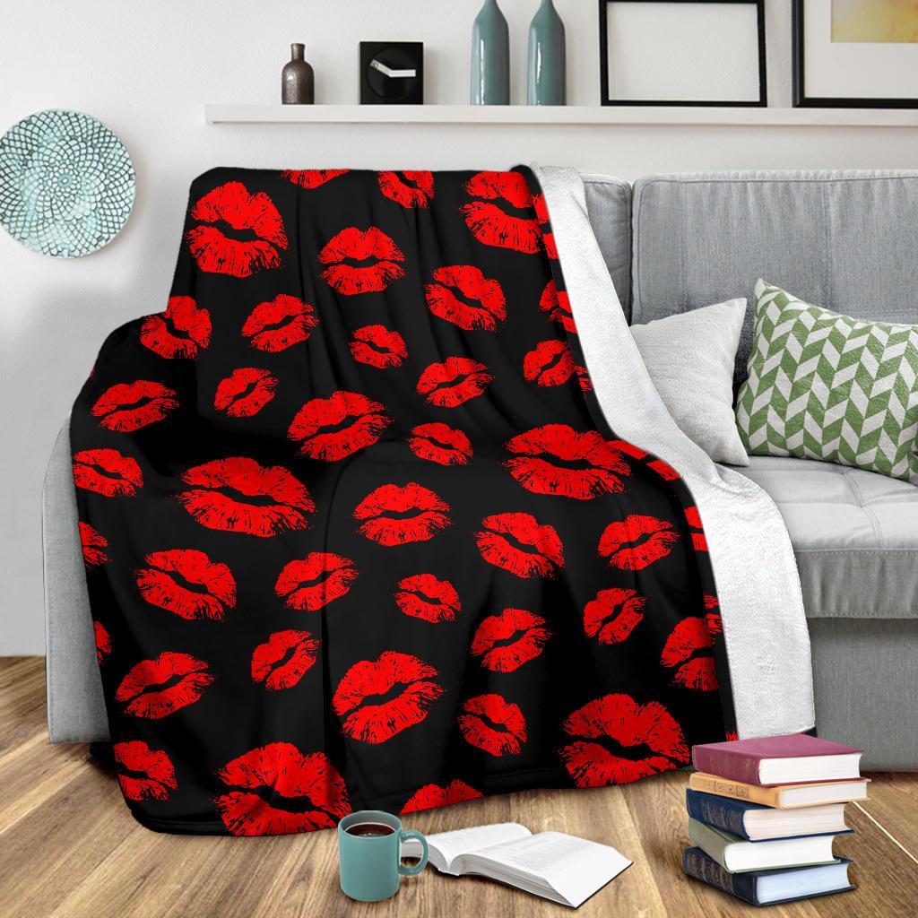 Red Lips Kiss Print Pattern Blanket-grizzshop