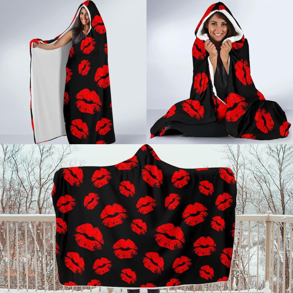 Red Lips Kiss Print Pattern Hooded Blanket-grizzshop