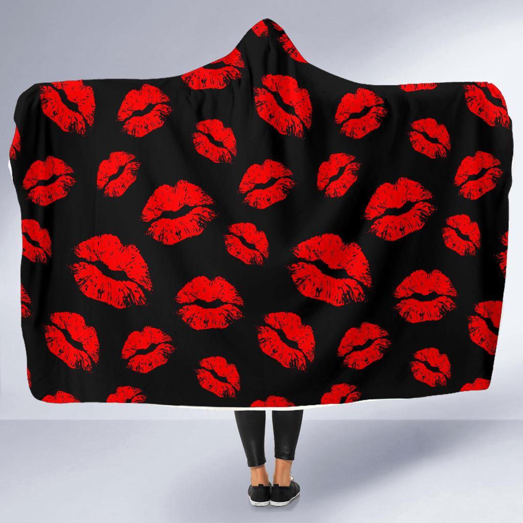 Red Lips Kiss Print Pattern Hooded Blanket-grizzshop