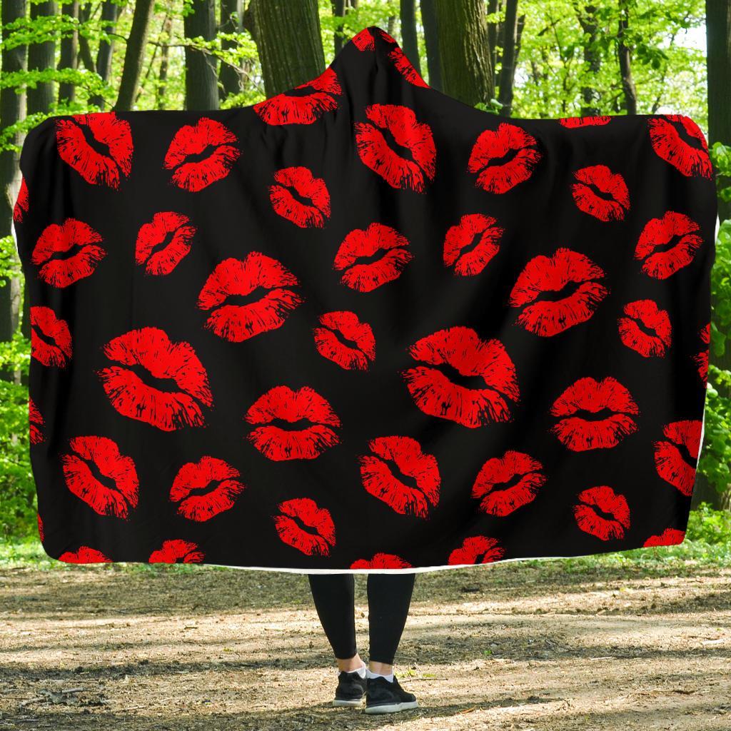 Red Lips Kiss Print Pattern Hooded Blanket-grizzshop